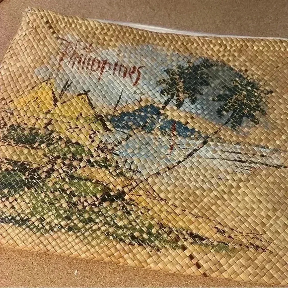 Vintage Wicker Handbag Handmade Philippines Landscape, Clutch Beige Straw - Picture 1 of 7
